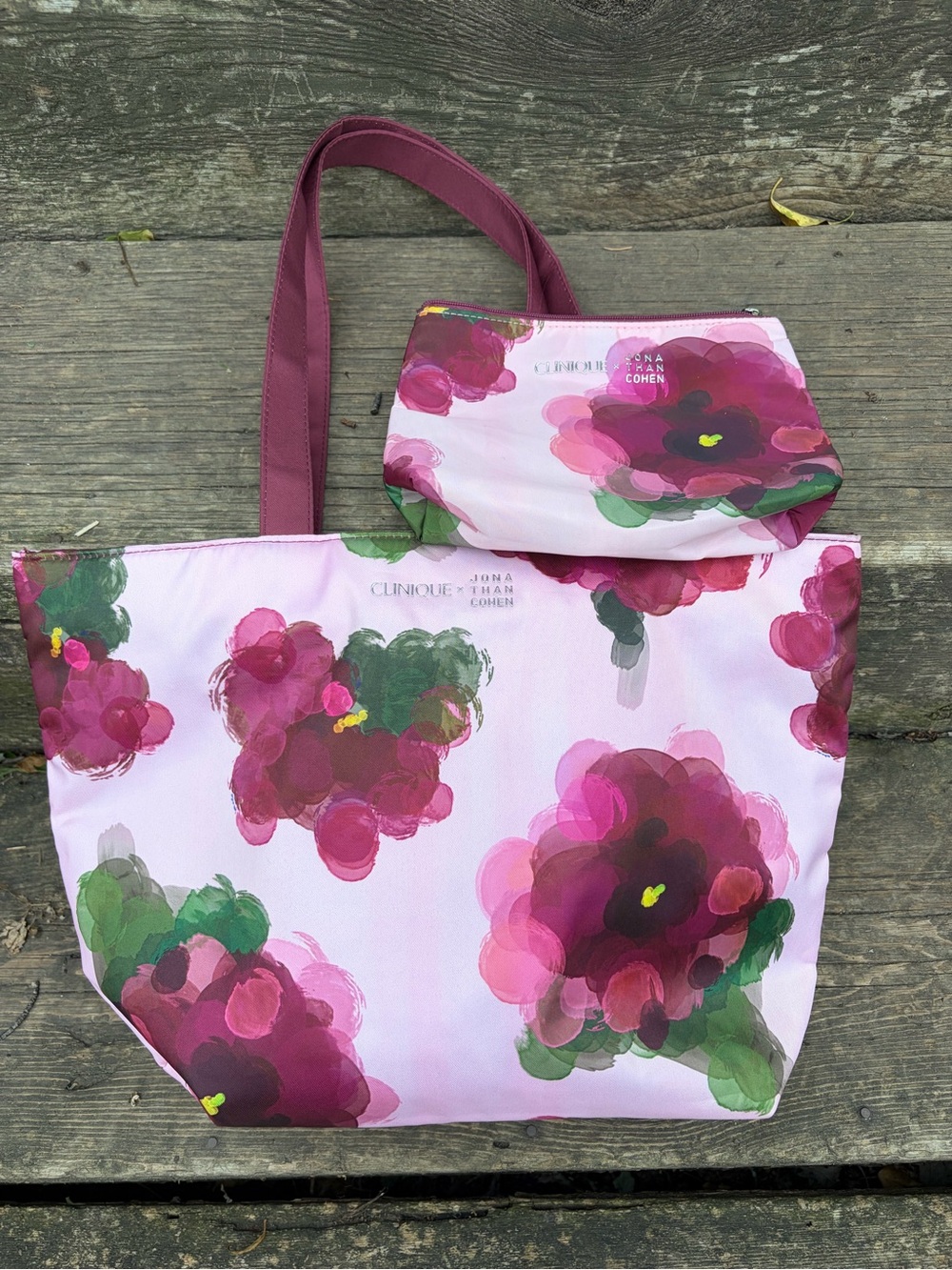 Clinique x Jonathan Cohen Pink Floral Tote with Matching Makeup Pouch